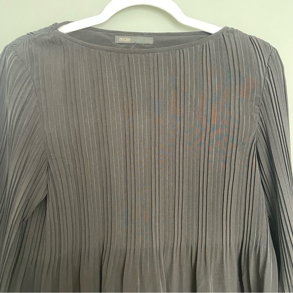 Maje "Lockin" Crepe Boat Neck Long Sleeve Black Pleated Blouse - Picture 5 of 15